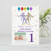 ジェミニ最初の誕生日金ゴールド、バルーン&写真 招待状 (スタンド正面)