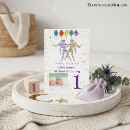 ジェミニ最初の誕生日金ゴールド、バルーン&写真 招待状