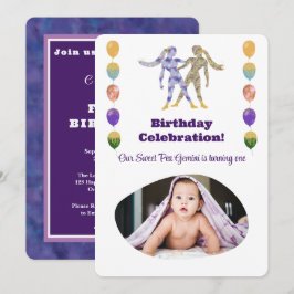 ジェミニ1歳の誕生日フォト印象派ゴールド 招待状