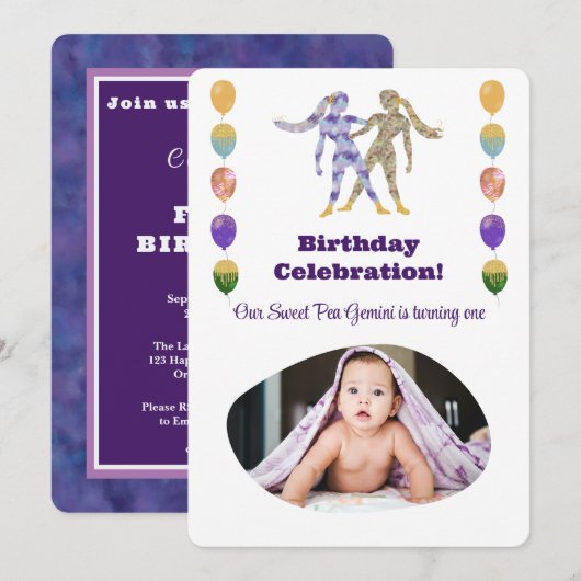 ジェミニ1歳の誕生日フォト印象派ゴールド 招待状 (正面/裏面)