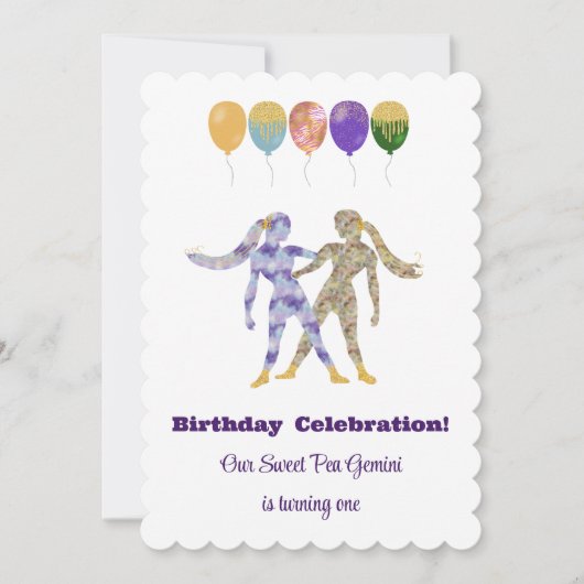 ジェミニ1歳の誕生日 印象派ゴールドラメ 招待状 (正面)