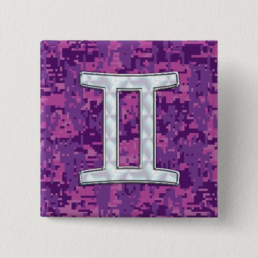 ジェミニ(占星術の)十二宮図の記号のデジタルカムフラージュのような真珠 缶バッジ (正面)