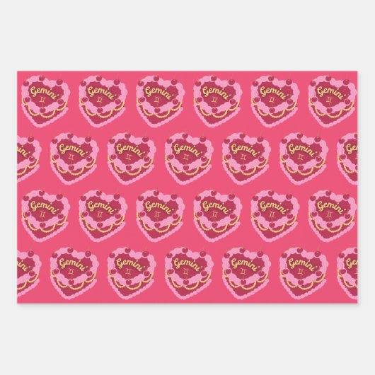 ジェミニ〔占星術の〕十二宮図コケットハートお誕生日ケーキ ラッピングペーパーシート (正面2)