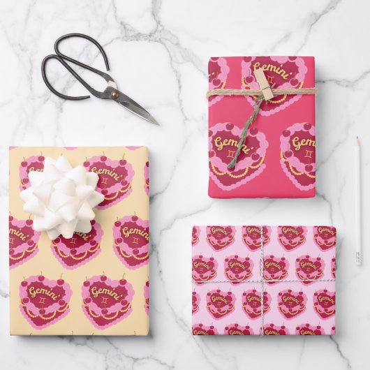 ジェミニ〔占星術の〕十二宮図コケットハートお誕生日ケーキ ラッピングペーパーシート (正面)