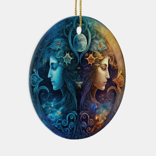 ジェミニ〔占星術の〕十二宮図サインウォーター色デザイン セラミックオーナメント (右)