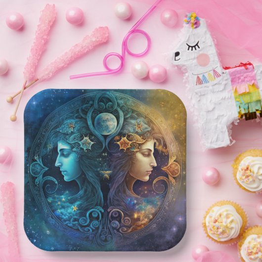 ジェミニ〔占星術の〕十二宮図サインウォーター色デザイン ペーパープレート (パーティー)