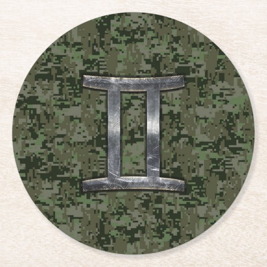 ジェミニ〔占星術の〕十二宮図サインオングリーンデジタル迷彩柄 ラウンドペーパーコースター (正面)