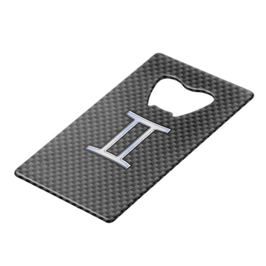 ジェミニ〔占星術の〕十二宮図サインオンチャコールカーボンファイバープリント クレジットカード栓抜き (正面アングル)