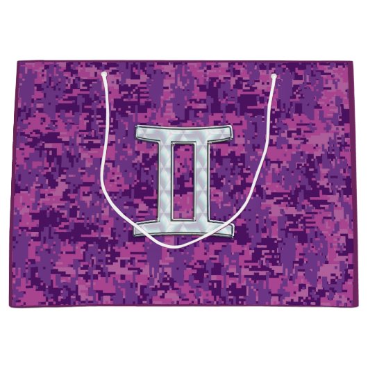 ジェミニ〔占星術の〕十二宮図サインオンピンクデジタル迷彩柄 ラージペーパーバッグ (正面)