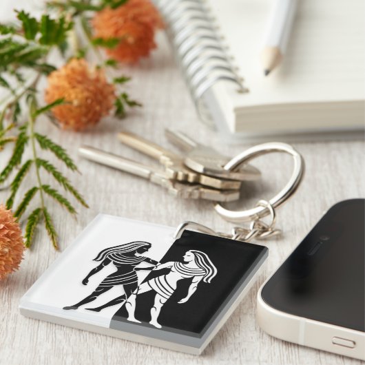 ジェミニ〔占星術の〕十二宮図サイン、白黒キーチェーン キーホルダー (正面右)