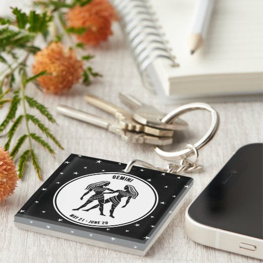 ジェミニ〔占星術の〕十二宮図サイン、白黒キーチェーン キーホルダー (正面右)
