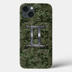 ジェミニ〔占星術の〕十二宮図シンボルの緑のデジタルカモフラージュ iPhone 13ケース