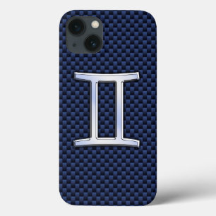 ジェミニ〔占星術の〕十二宮図シンボルネイビーブルーカーボンファイバースタイル iPhone 13ケース