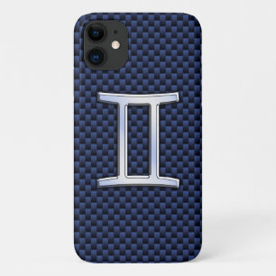 ジェミニ〔占星術の〕十二宮図シンボルネイビーブルーカーボンファイバースタイル iPhone 11 ケース