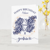 ジェミニ〔占星術の〕十二宮図ネイビー&金ゴールドモノクロ誕生日カード カード (黄色い花)