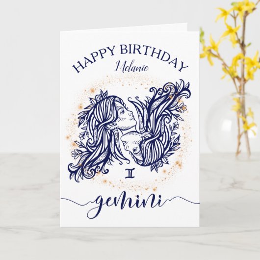 ジェミニ〔占星術の〕十二宮図ネイビー&金ゴールドモノクロ誕生日カード カード (黄色い花)