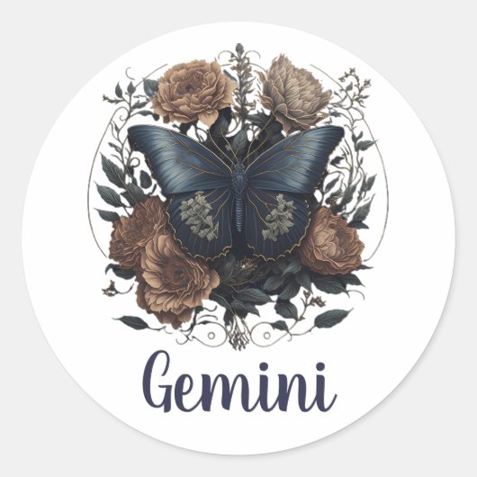 ジェミニ〔占星術の〕十二宮図ヴィンテージアートウィズダークブルー文字 ラウンドシール (正面)