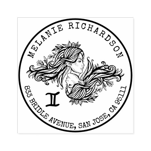 ジェミニ〔占星術の〕十二宮図手描きクレスト |差出人住所 ラバースタンプ (インプリント)