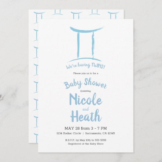 ジェミニ〔占星術の〕十二宮図星占いブルー5月6月ベイビーシャワー 招待状 (正面/裏面)