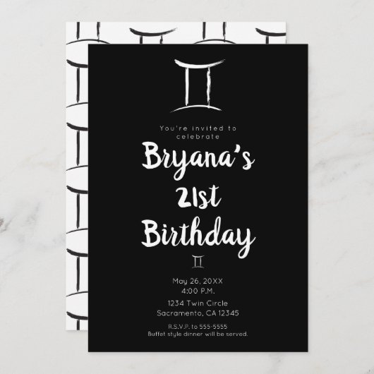 ジェミニ〔占星術の〕十二宮図星占い5月6月バースデーパーティー 招待状 (正面/裏面)