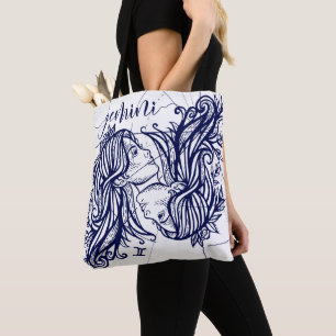 ジェミニ(占星術の)十二宮図海軍及び金ゴールドのモノクロ写実的なトー トートバッグ