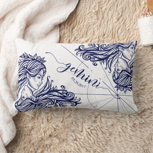 ジェミニ(占星術の)十二宮図海軍及び金ゴールドの占星術のDécorの枕 ランバークッション (ブランケット)