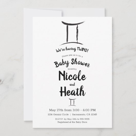 ジェミニ〔占星術の〕十二宮図5月6月星占いベビーシャワー 招待状 (正面)