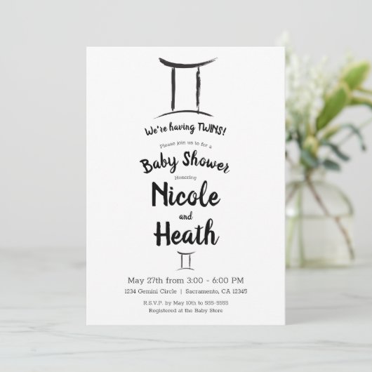 ジェミニ〔占星術の〕十二宮図5月6月星占いベビーシャワー 招待状 (スタンド正面)