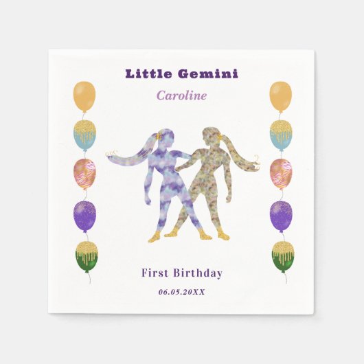 ジェミニ 星座 1歳の誕生日バルーン & アート スタンダードカクテルナプキン (正面)