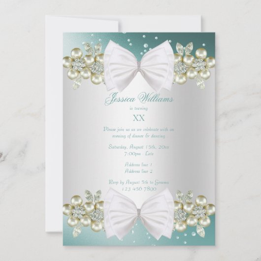 ジェムエレガント&ボウティール（緑がかった色）誕生日 招待状 (正面)