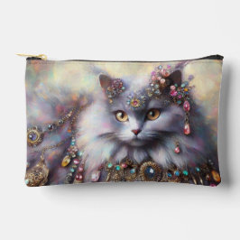 ジェムストーンズ付きロングヘアグレー絵を描キャット アクセサリーポーチ
