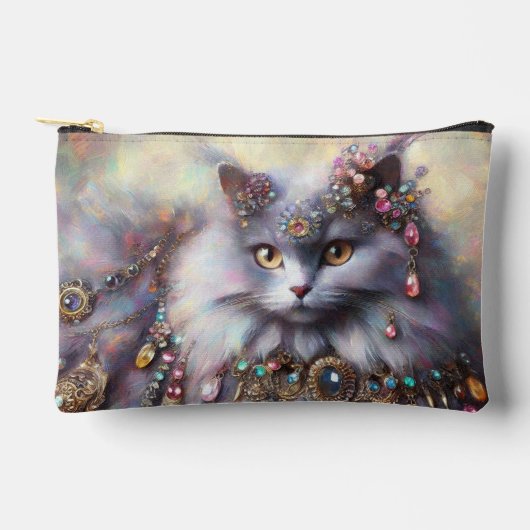 ジェムストーンズ付きロングヘアグレー絵を描キャット アクセサリーポーチ (正面)