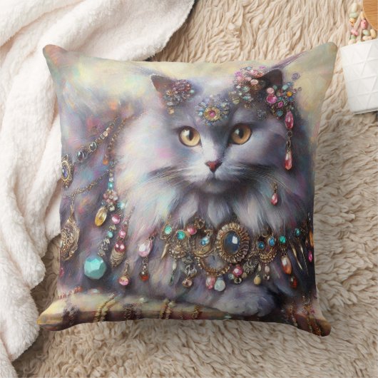 ジェムストーンズ付きロングヘアグレー絵を描キャット クッション (ブランケット)