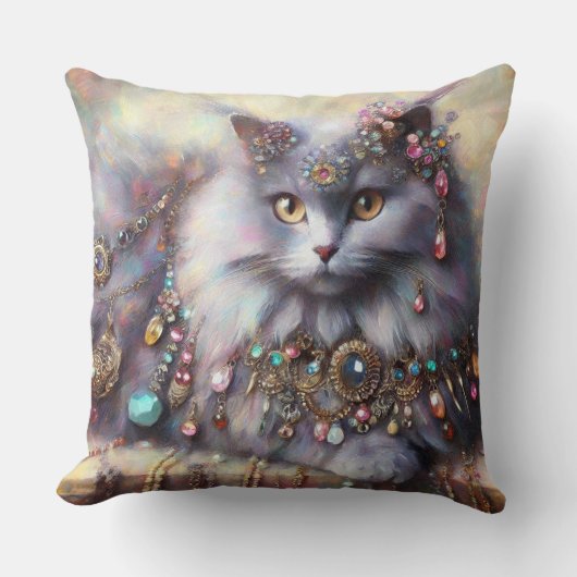 ジェムストーンズ付きロングヘアグレー絵を描キャット クッション (正面)