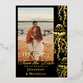 ジェリーゴールドフォイルビーチ写真の保存日 箔招待状