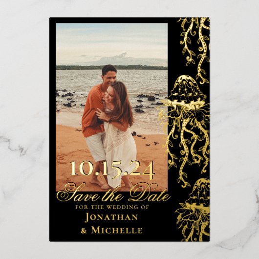 ジェリーゴールドフォイルビーチ写真の保存日 箔招待状 (正面)