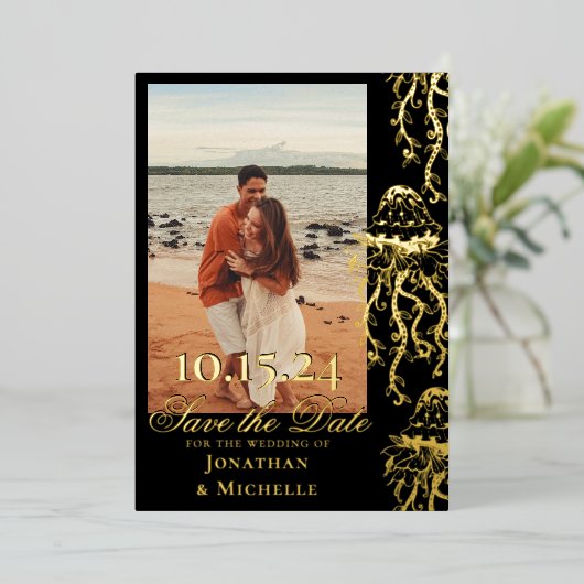 ジェリーゴールドフォイルビーチ写真の保存日 箔招待状 (立ち正面)