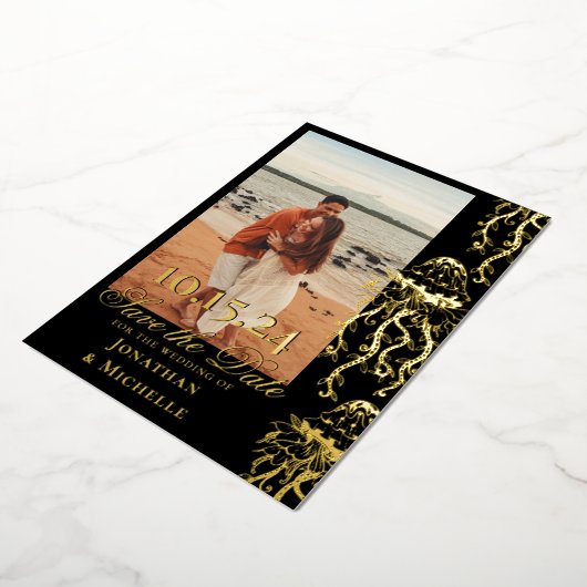 ジェリーゴールドフォイルビーチ写真の保存日 箔招待状 (回転した状態)