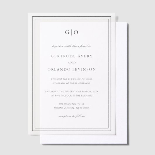 ジェルトルードブラックアンドホワイトクラシックエレガントな結婚式 ベラム紙招待状 (オフセット)