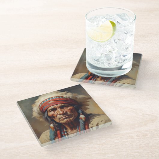 ジェロニモインディアンチーフウォリアーポートレート ガラスコースター (アングル)