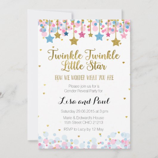 ジェンダーがキラキラの小さな星を明らかにする 招待状 (正面)