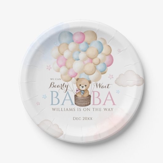 ジェンダーがクマの赤ちゃんシャワーを明らかにするのを待つことができる ペーパープレート (正面)