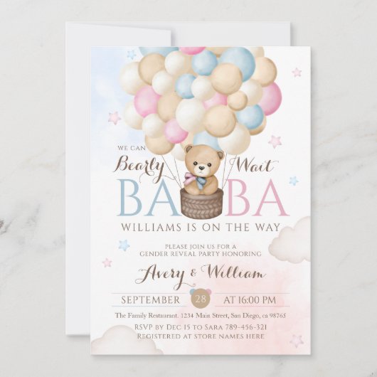 ジェンダーがクマの赤ちゃんシャワーを明らかにするのを待つことができる 招待状 (正面)