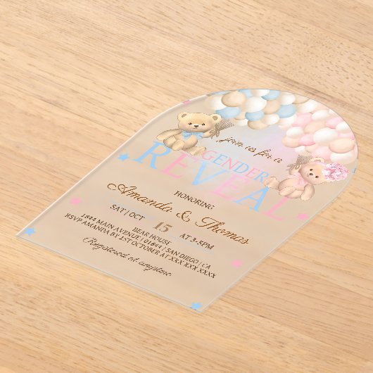 ジェンダーがクマをテーマに明らかにする アクリル招待状 (レイダウン)