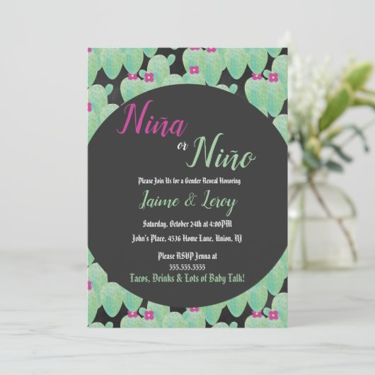 ジェンダーがサボテンの水彩を明らかにするニーニャニーニョフィエスタ 招待状 (スタンド正面)