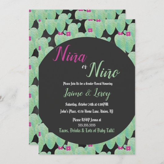 ジェンダーがサボテンの水彩を明らかにするニーニャニーニョフィエスタ 招待状 (正面/裏面)