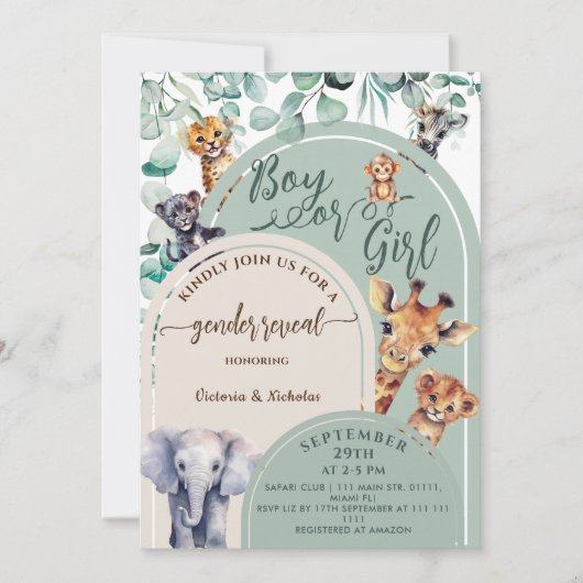 ジェンダーがジャングルサファリの動物の緑を明らかにする 招待状 (正面)