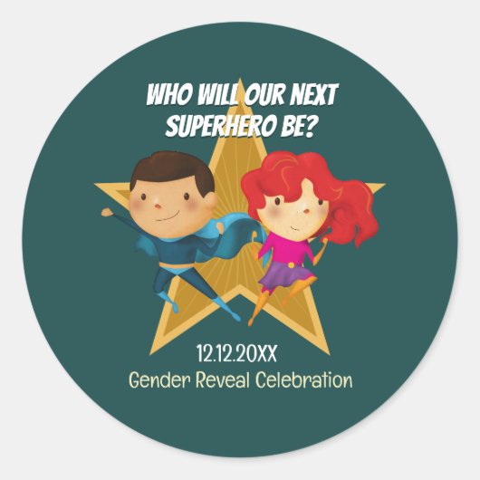 ジェンダーがスーパーヒーローを明らかにする可愛いブルーピンクグリーン ラウンドシール (正面)
