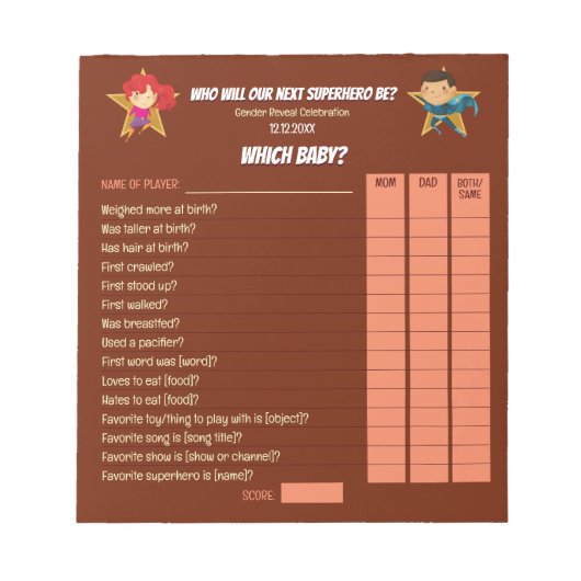 ジェンダーがスーパーヒーローを明らかにする可愛いブルーピンク赤 ノートパッド (正面)