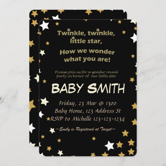 ジェンダーがパーティーを明かす、キラキラの小さな星。 招待状 (正面/裏面)